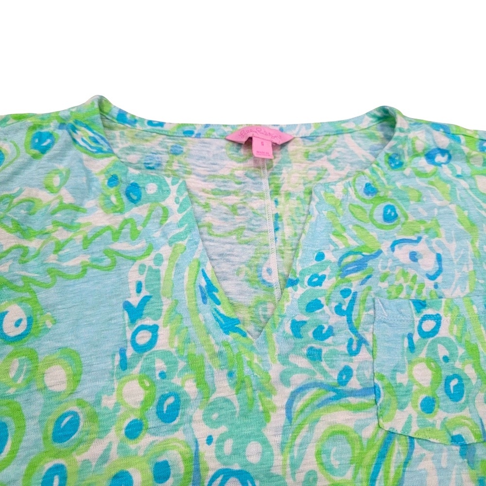 Lilly Pulitzer Linen Duval Notch Top Green Blue Cap Sleeve T-Shirt Women’s Small - Picture 7 of 15